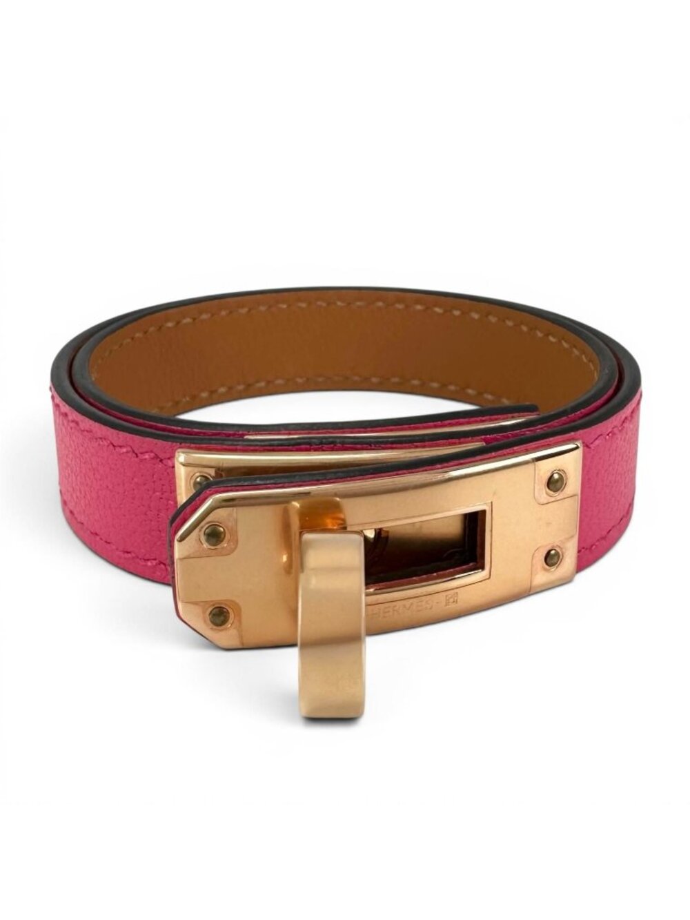 Hermes Kelly Double Tour Chevre Gold Bracelet Pink T2